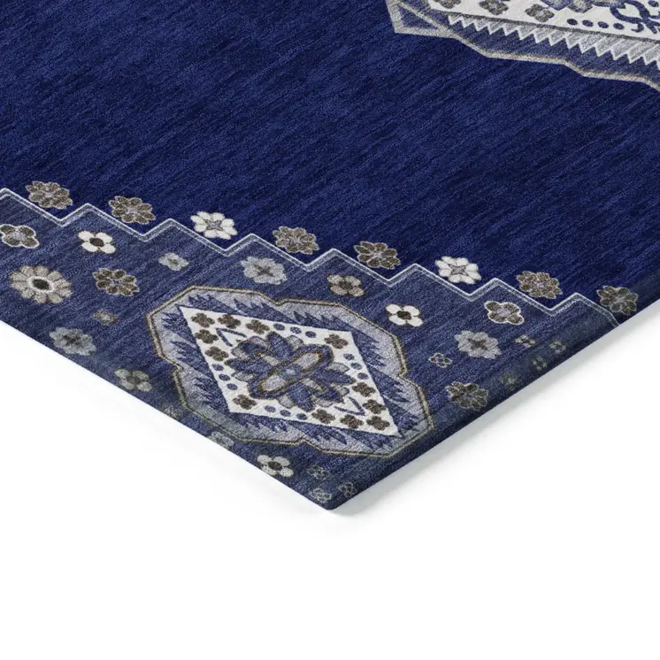 10' X 14' Navy Blue Gray And Brown Oriental Washable Indoor Outdoor Area Rug