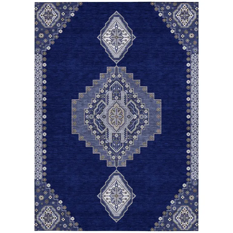 10' X 14' Navy Blue Gray And Brown Oriental Washable Indoor Outdoor Area Rug
