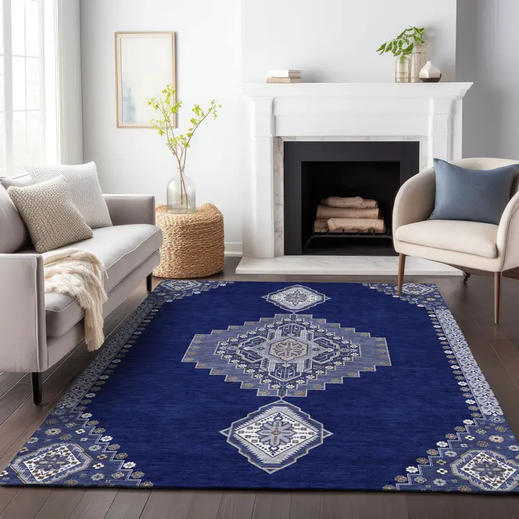 10' X 14' Navy Blue Gray And Brown Oriental Washable Indoor Outdoor Area Rug