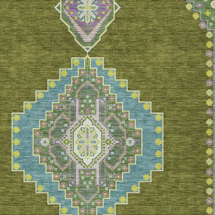 5' X 8' Olive Green Pink And Ivory Oriental Washable Indoor Outdoor Area Rug
