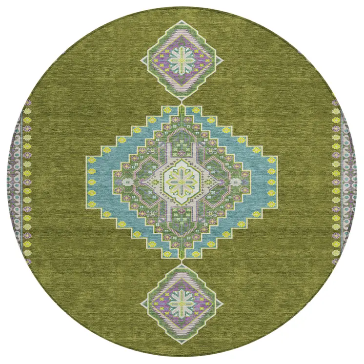8' Olive Green Pink And Ivory Round Oriental Washable Indoor Outdoor Area Rug