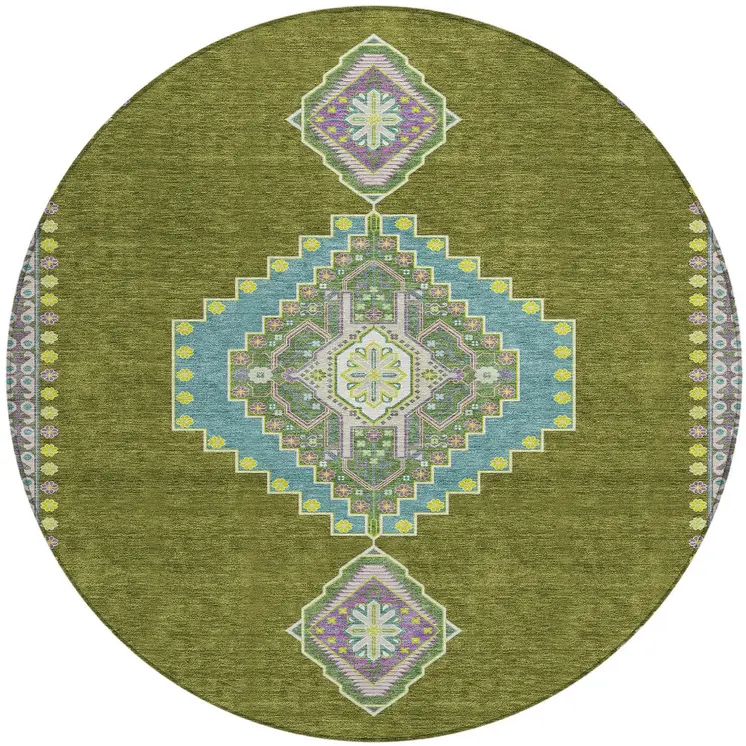 8' Olive Green Pink And Ivory Round Oriental Washable Indoor Outdoor Area Rug