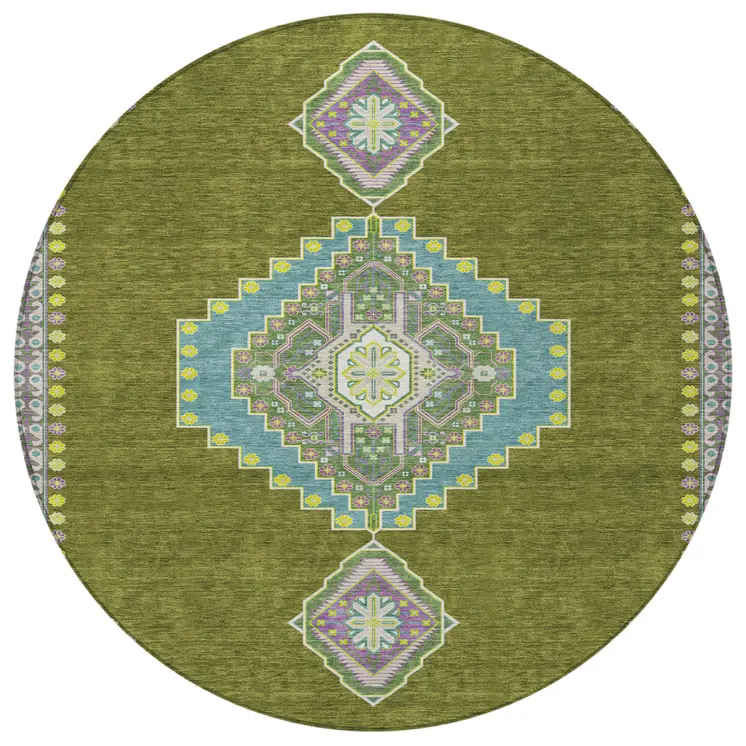 8' Olive Green Pink And Ivory Round Oriental Washable Indoor Outdoor Area Rug
