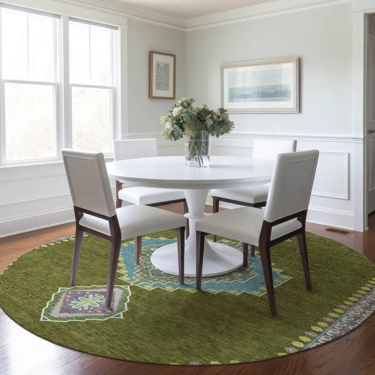 8' Olive Green Pink And Ivory Round Oriental Washable Indoor Outdoor Area Rug