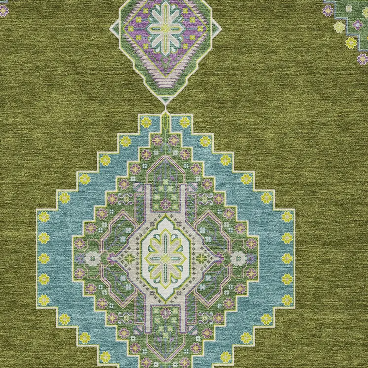 8' X 10' Olive Green Pink And Ivory Oriental Washable Indoor Outdoor Area Rug