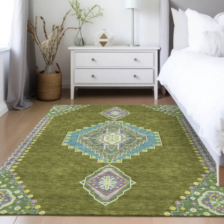 8' X 10' Olive Green Pink And Ivory Oriental Washable Indoor Outdoor Area Rug