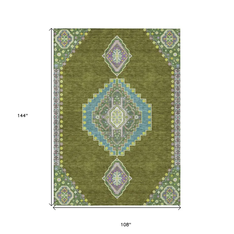9' X 12' Olive Green Pink And Ivory Oriental Washable Indoor Outdoor Area Rug