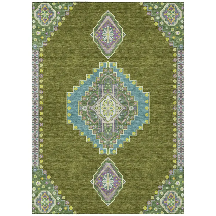 9' X 12' Olive Green Pink And Ivory Oriental Washable Indoor Outdoor Area Rug