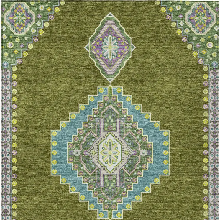 9' X 12' Olive Green Pink And Ivory Oriental Washable Indoor Outdoor Area Rug