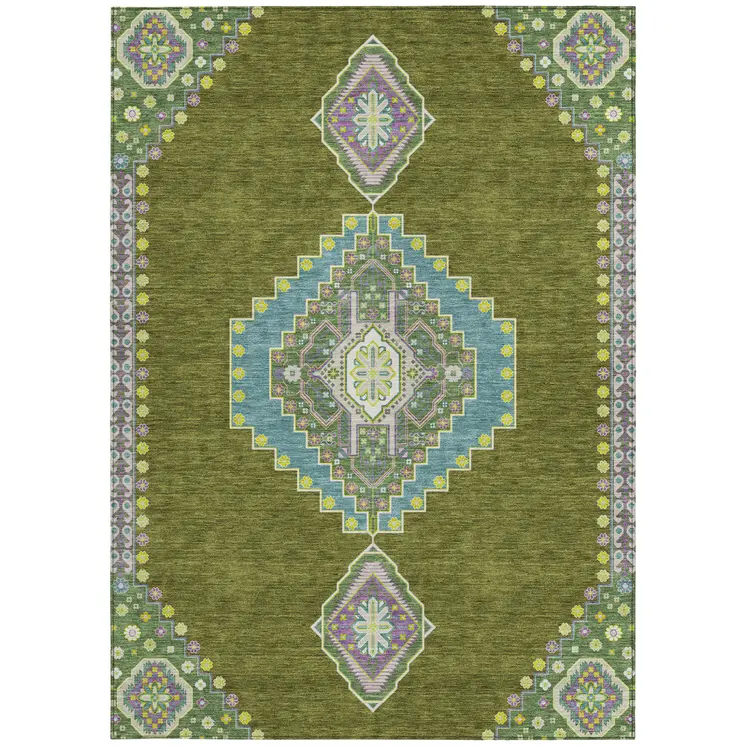 9' X 12' Olive Green Pink And Ivory Oriental Washable Indoor Outdoor Area Rug