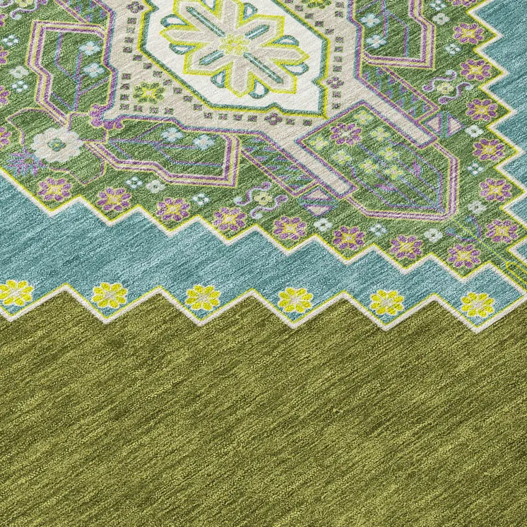9' X 12' Olive Green Pink And Ivory Oriental Washable Indoor Outdoor Area Rug