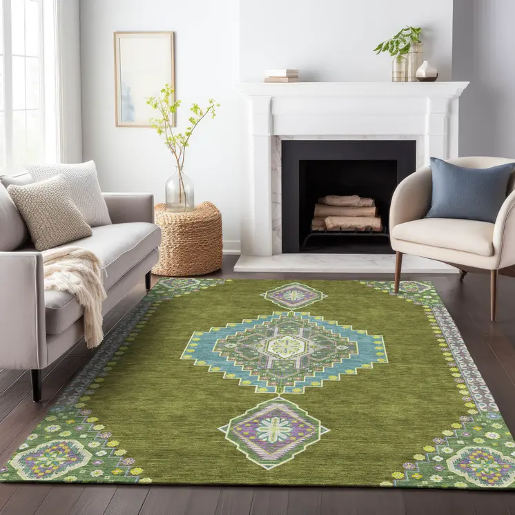9' X 12' Olive Green Pink And Ivory Oriental Washable Indoor Outdoor Area Rug