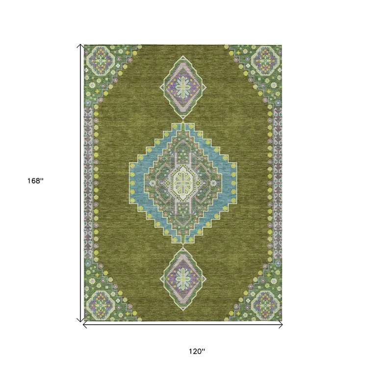 10' X 14' Olive Green Pink And Ivory Oriental Washable Indoor Outdoor Area Rug