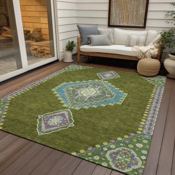 10' X 14' Olive Green Pink And Ivory Oriental Washable Indoor Outdoor Area Rug