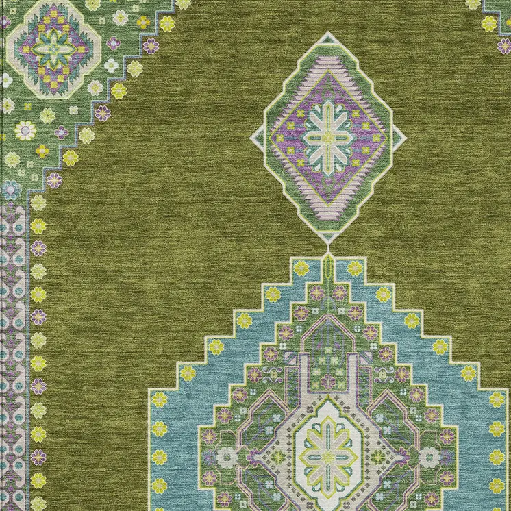 10' X 14' Olive Green Pink And Ivory Oriental Washable Indoor Outdoor Area Rug