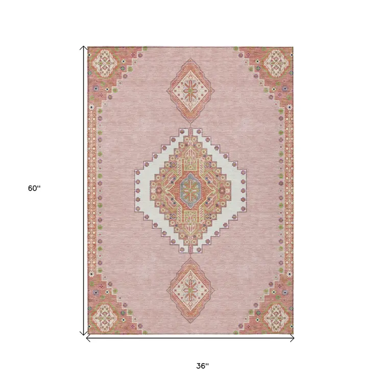 3' X 5' Pink Green And Ivory Oriental Washable Indoor Outdoor Area Rug