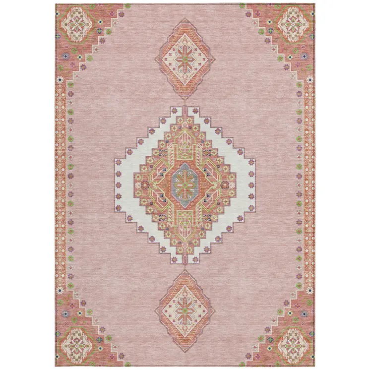3' X 5' Pink Green And Ivory Oriental Washable Indoor Outdoor Area Rug