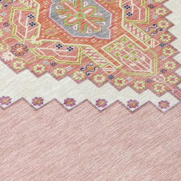 3' X 5' Pink Green And Ivory Oriental Washable Indoor Outdoor Area Rug