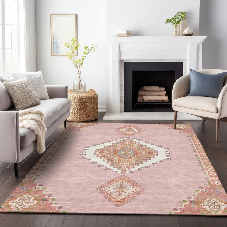 3' X 5' Pink Green And Ivory Oriental Washable Indoor Outdoor Area Rug