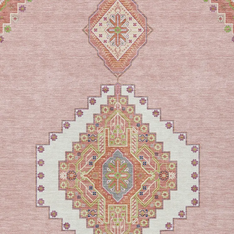 5' X 8' Pink Green And Ivory Oriental Washable Indoor Outdoor Area Rug