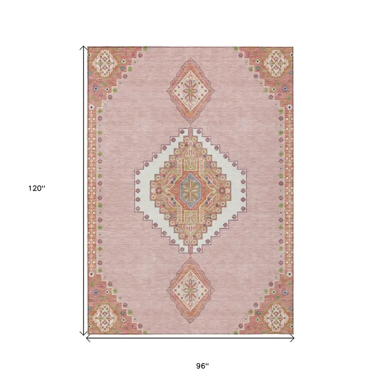 8' X 10' Pink Green And Ivory Oriental Washable Indoor Outdoor Area Rug