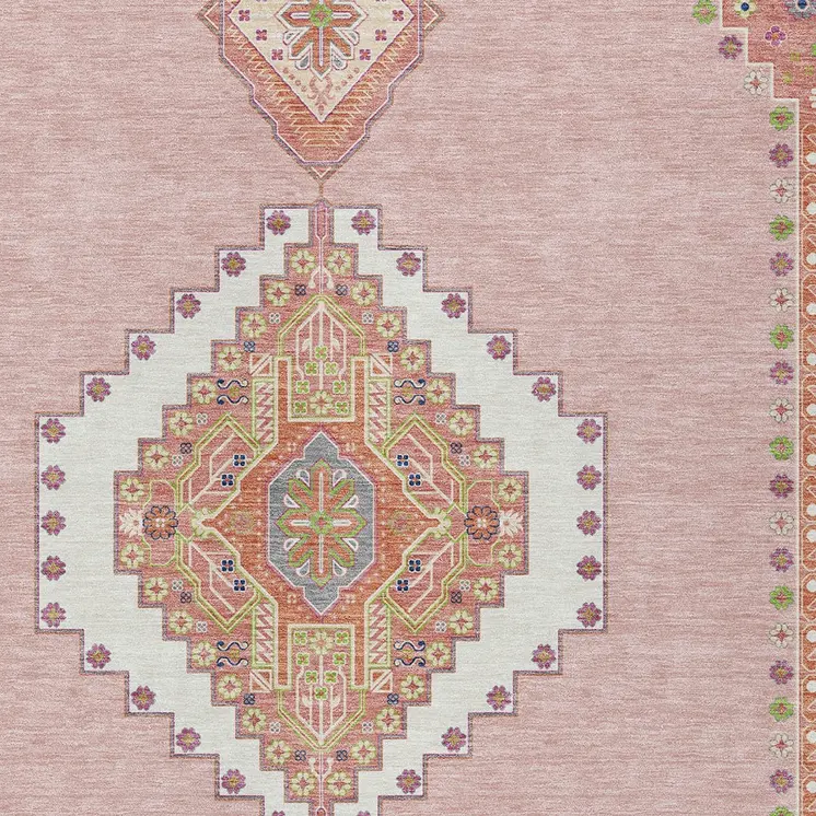 8' X 10' Pink Green And Ivory Oriental Washable Indoor Outdoor Area Rug