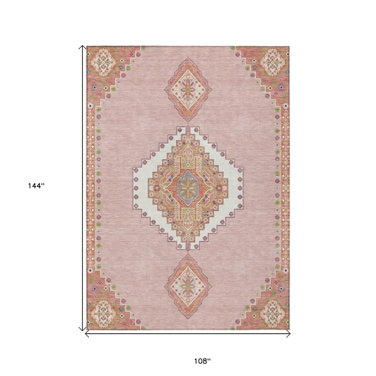 9' X 12' Pink Green And Ivory Oriental Washable Indoor Outdoor Area Rug