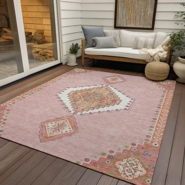 9' X 12' Pink Green And Ivory Oriental Washable Indoor Outdoor Area Rug