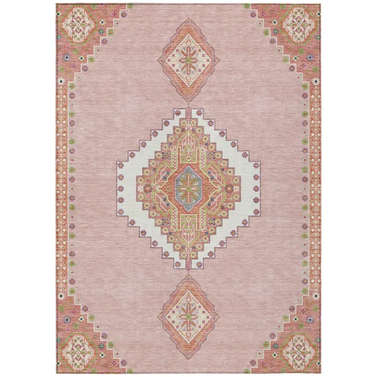 9' X 12' Pink Green And Ivory Oriental Washable Indoor Outdoor Area Rug