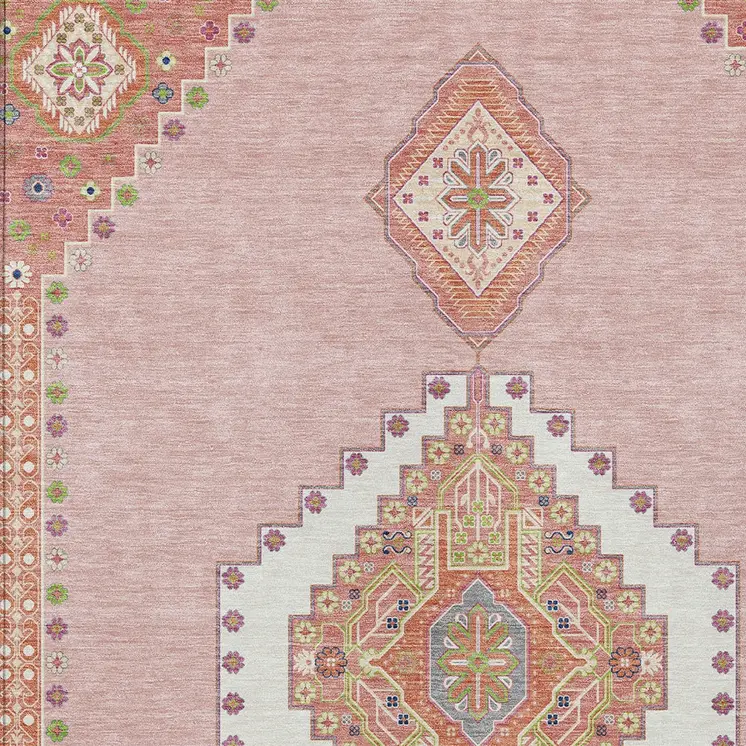 9' X 12' Pink Green And Ivory Oriental Washable Indoor Outdoor Area Rug