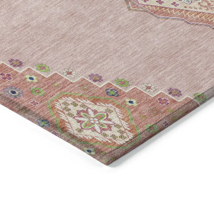 9' X 12' Pink Green And Ivory Oriental Washable Indoor Outdoor Area Rug