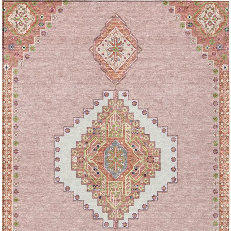 9' X 12' Pink Green And Ivory Oriental Washable Indoor Outdoor Area Rug