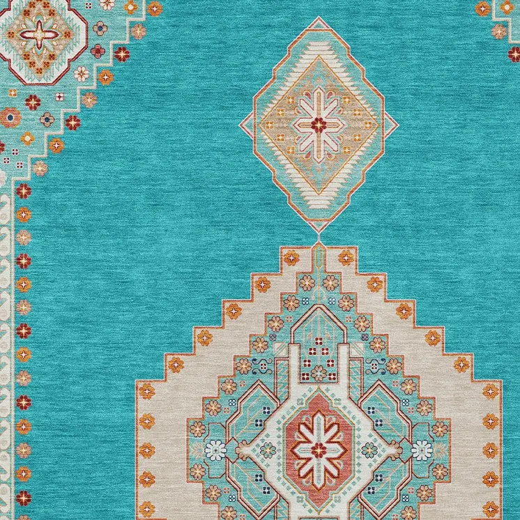 3' X 5' Teal Blue Brown And Ivory Oriental Washable Indoor Outdoor Area Rug