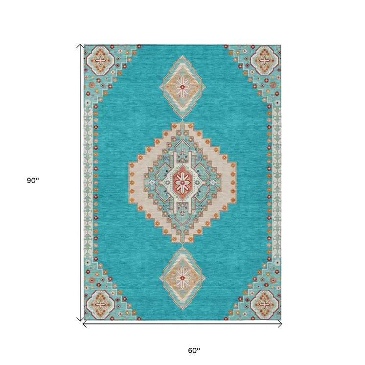 5' X 8' Teal Blue Brown And Ivory Oriental Washable Indoor Outdoor Area Rug
