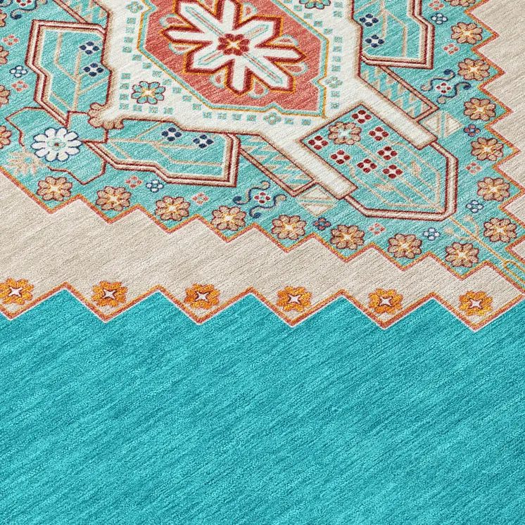 5' X 8' Teal Blue Brown And Ivory Oriental Washable Indoor Outdoor Area Rug