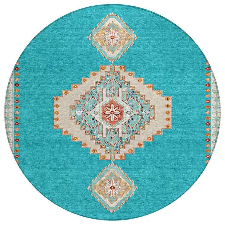 8' Teal Blue Brown And Ivory Round Oriental Washable Indoor Outdoor Area Rug