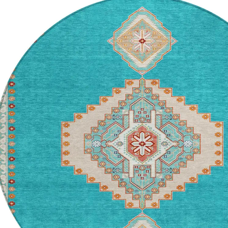 8' Teal Blue Brown And Ivory Round Oriental Washable Indoor Outdoor Area Rug