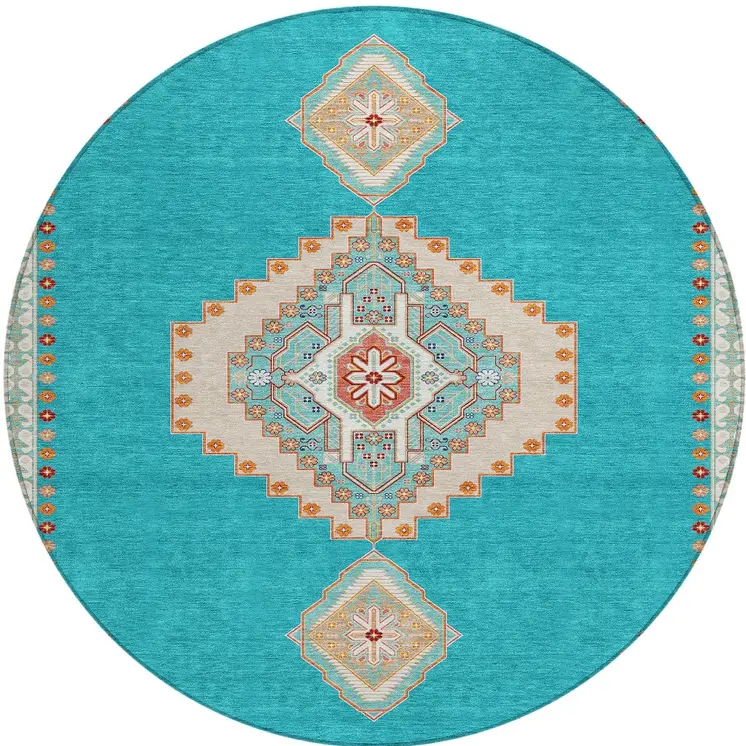 8' Teal Blue Brown And Ivory Round Oriental Washable Indoor Outdoor Area Rug