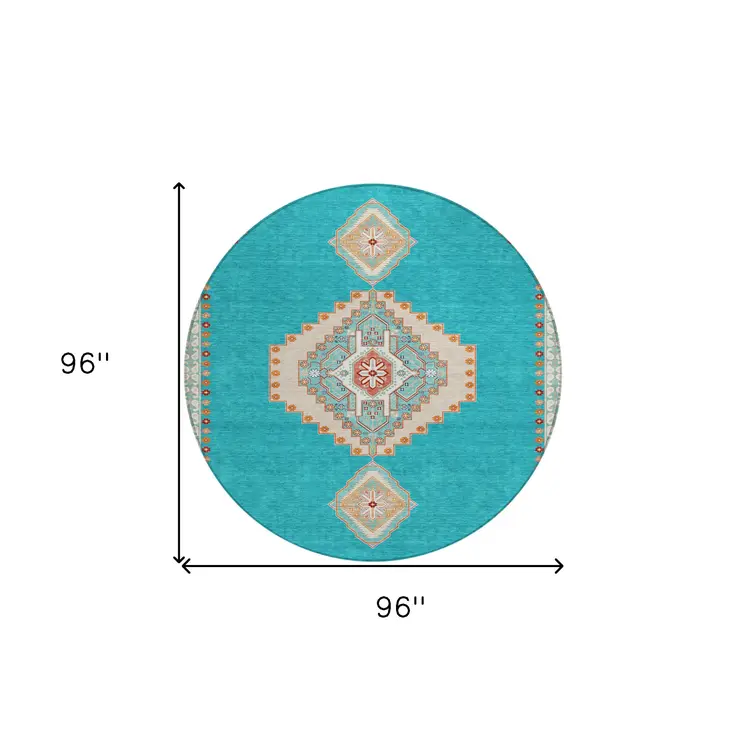 8' Teal Blue Brown And Ivory Round Oriental Washable Indoor Outdoor Area Rug