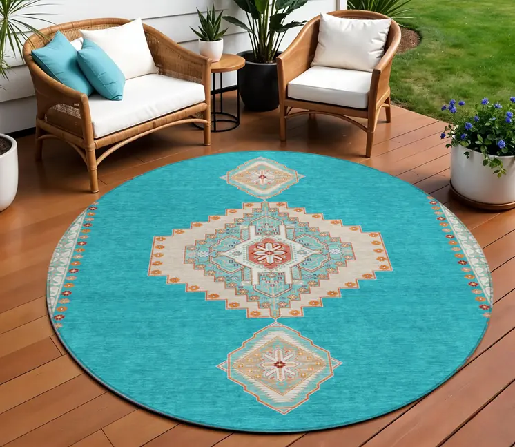 8' Teal Blue Brown And Ivory Round Oriental Washable Indoor Outdoor Area Rug
