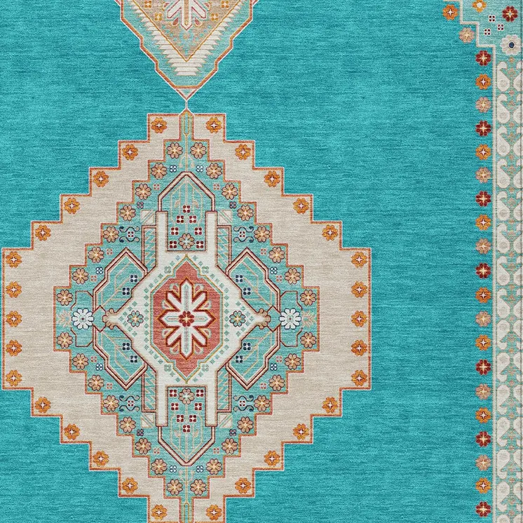 8' X 10' Teal Blue Brown And Ivory Oriental Washable Indoor Outdoor Area Rug