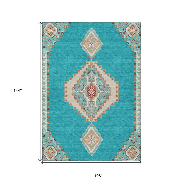 9' X 12' Teal Blue Brown And Ivory Oriental Washable Indoor Outdoor Area Rug