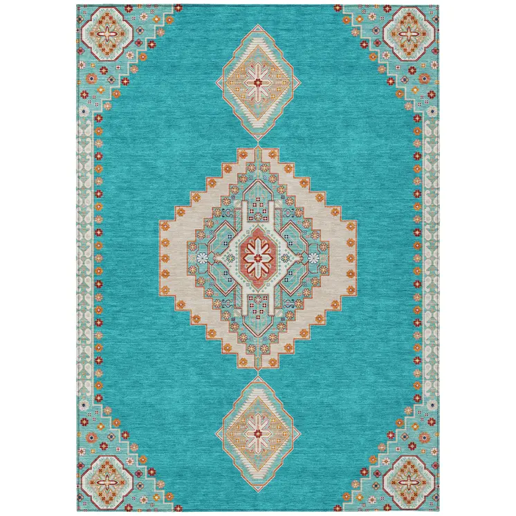 9' X 12' Teal Blue Brown And Ivory Oriental Washable Indoor Outdoor Area Rug
