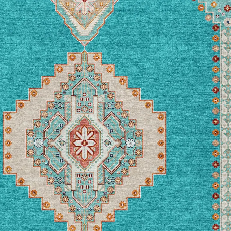9' X 12' Teal Blue Brown And Ivory Oriental Washable Indoor Outdoor Area Rug