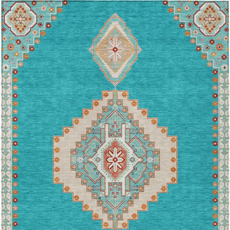 9' X 12' Teal Blue Brown And Ivory Oriental Washable Indoor Outdoor Area Rug