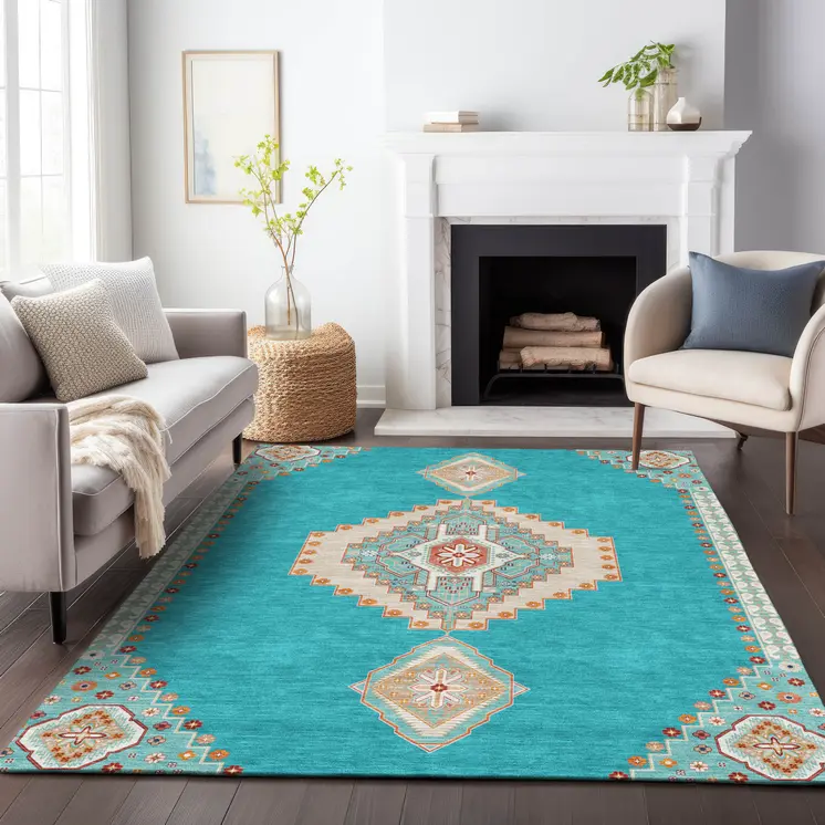 9' X 12' Teal Blue Brown And Ivory Oriental Washable Indoor Outdoor Area Rug