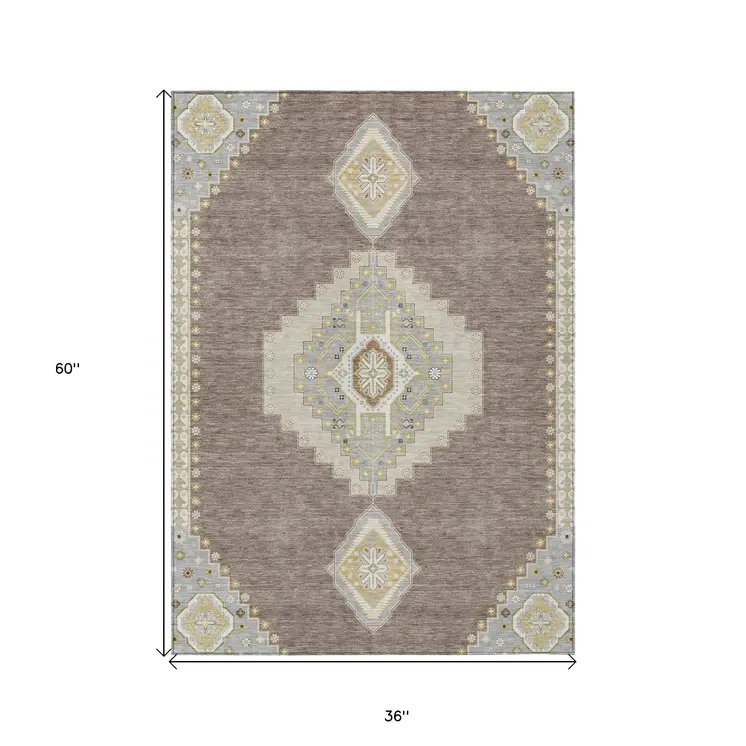 3' X 5' Taupe Gray And Ivory Oriental Washable Indoor Outdoor Area Rug
