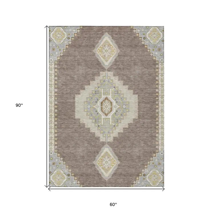 5' X 8' Taupe Gray And Ivory Oriental Washable Indoor Outdoor Area Rug
