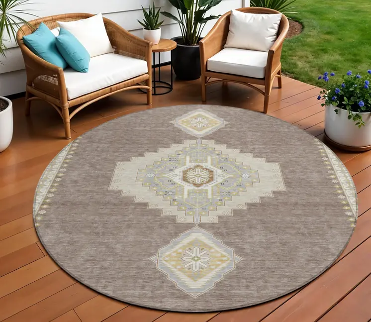 8' Taupe Gray And Ivory Round Oriental Washable Indoor Outdoor Area Rug