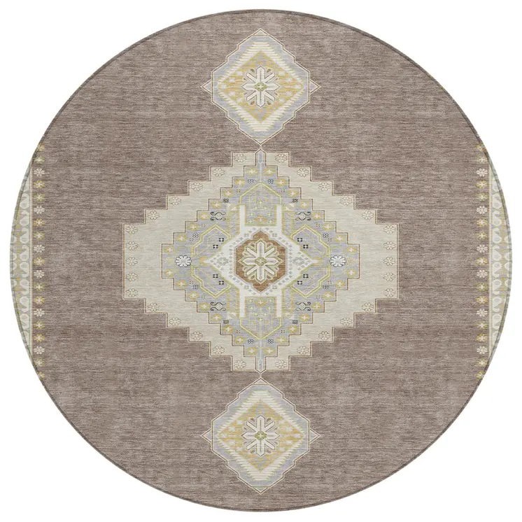 8' Taupe Gray And Ivory Round Oriental Washable Indoor Outdoor Area Rug